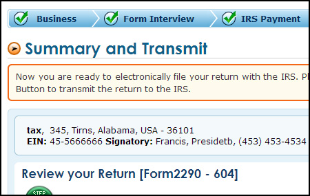 Form 2290 E-filing process - Pay & Transmit